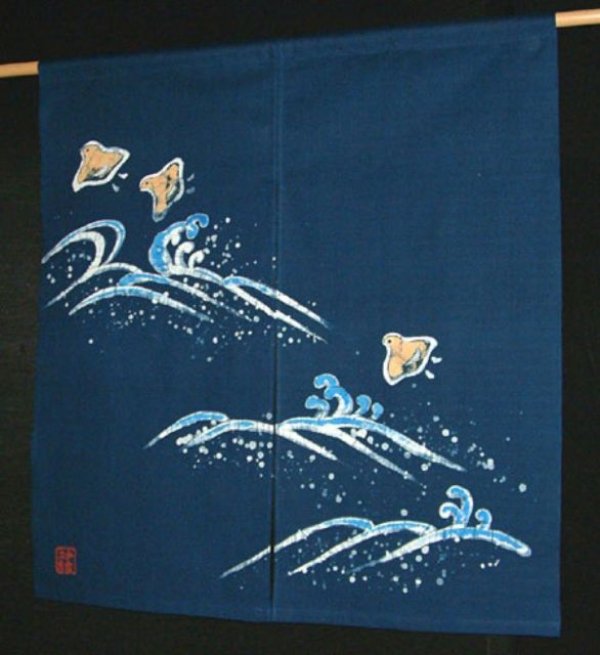 Photo1: Kyoto Noren SB Japanese batik door curtain Chidori Plover blue 85cm x 90cm