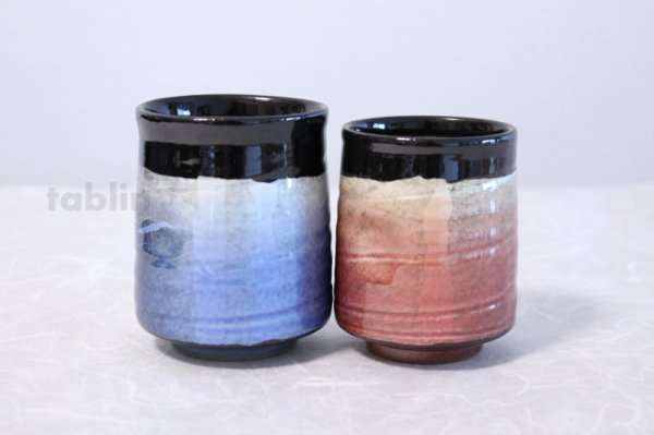 Photo1: Kutani Porcelain Yunomi Ginsai blue red haku m3 Japanese tea cup (set of 2)