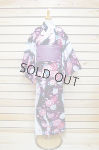 Photo1: Japanese Yukata women's Kimono sweet cotton 100% with obi band (1)