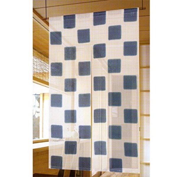 Photo1: Noren Japanese Doorway Curtain waza kyoto Ichimatsu check navy blue linen 85 x 150 cm (1)